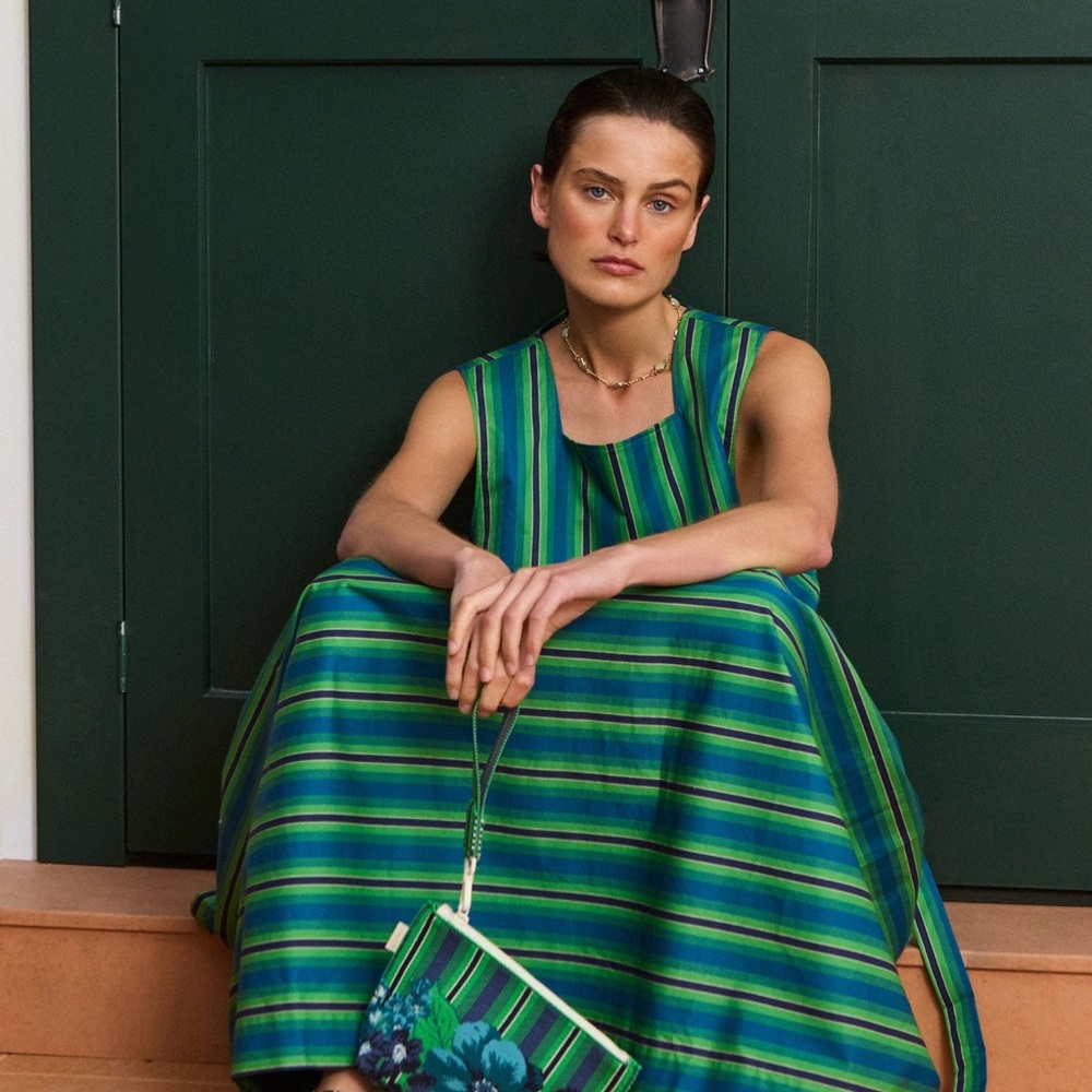 Alemais Margo Midi Green Striped Sleeveless Belted Dress - Picture 5 of 11